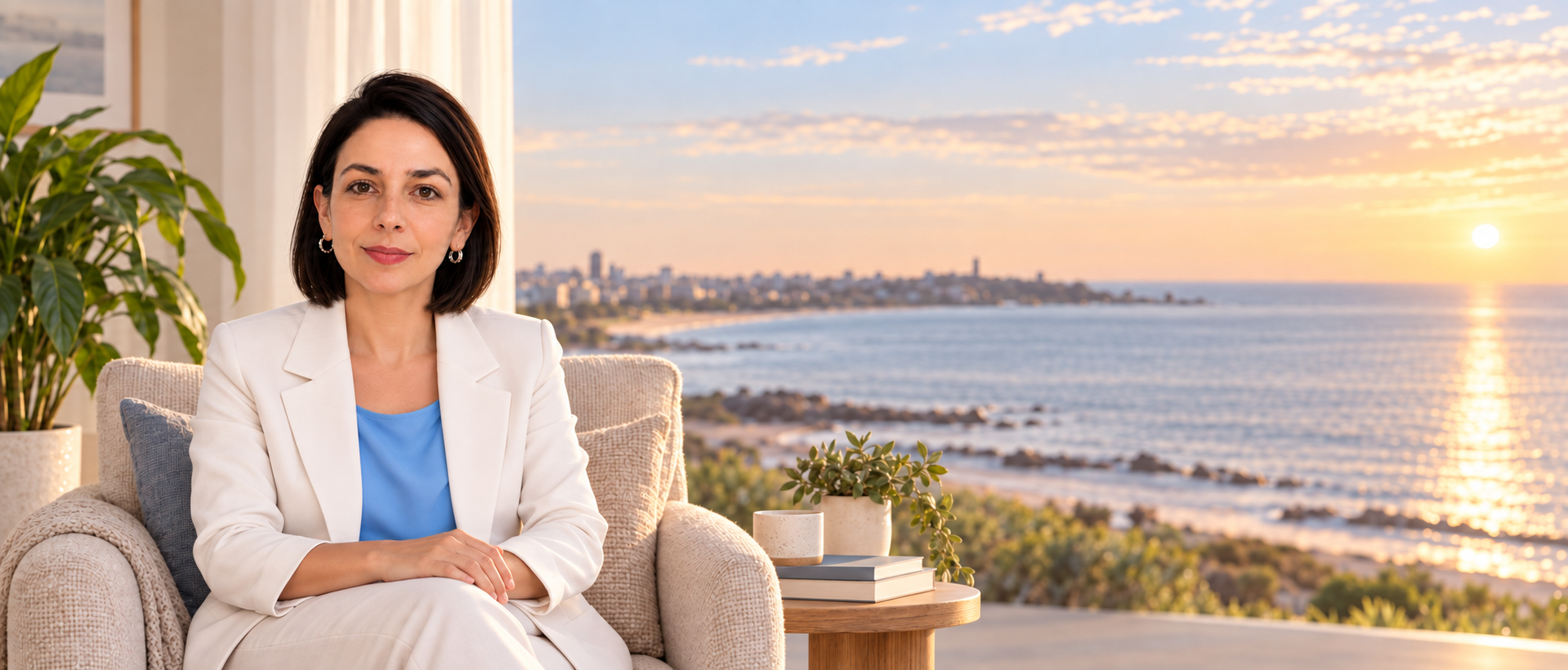 Paola Fernández en un espacio de consulta con vista a la costa uruguaya
